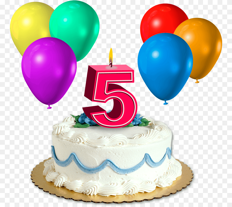 Happy Birthday Cake With 5 Candles 5th Birthday Cake, Balloon, Birthday Cake, Cream, Dessert Png Image