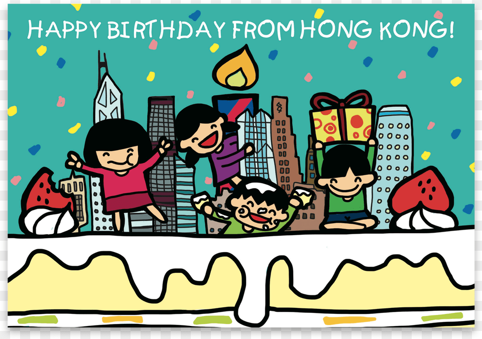 Happy Birthday From Hong Kong Skyline Cake Cartoon, Book, Comics, Publication, Baby Free Png Download