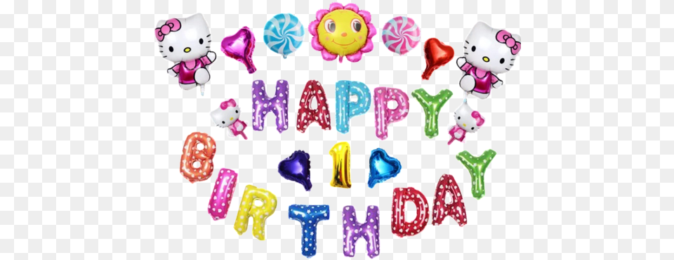 Happy Birthday Hello Kitty Sunshine U0026 Hearts Balloon Set Hello Kitty Happy Birthday Balloons, Text, Food, Sweets Png