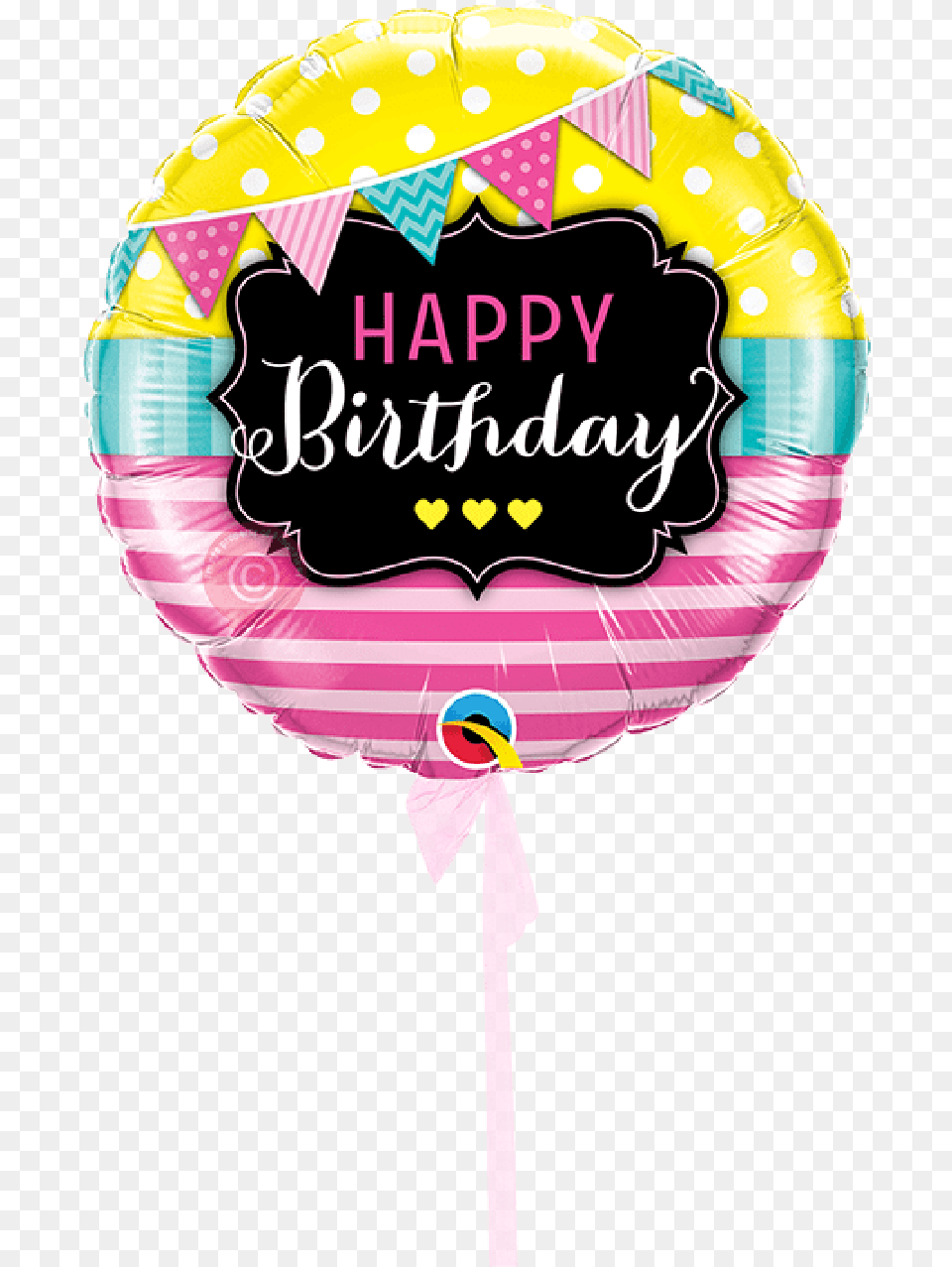 Happy Birthday Pennants And Pink Stripes Happy Birthday Single Balloon, Food, Sweets, Candy, Person Png