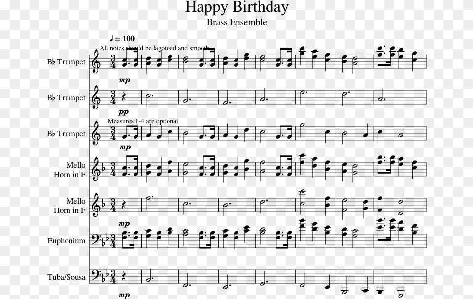 Happy Birthday Sheet Music For Trumpet French Horn Happy Birthday Drum Notes, Gray Free Transparent Png