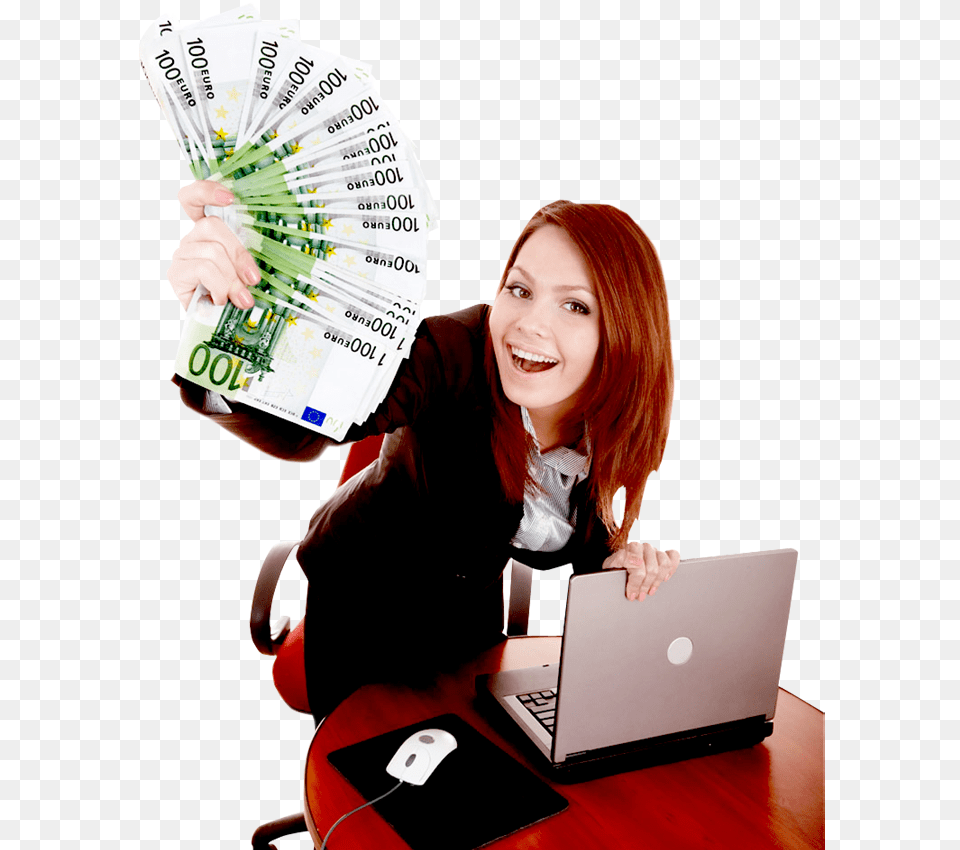 Happy Business Woman Showing The Money Happy Business Woman, Laptop, Computer, Electronics, Face Free Transparent Png
