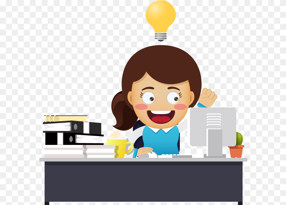 Happy Business Woman Sitting At The Table Get The Idea Computer, Baby, Person, Face, Head Free Png Download