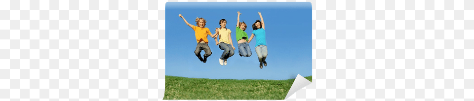 Happy Group Of Kids Or Children Jumping Wall Mural Tenagers Jumping, Plant, Grass, Clothing, Pants Free Png