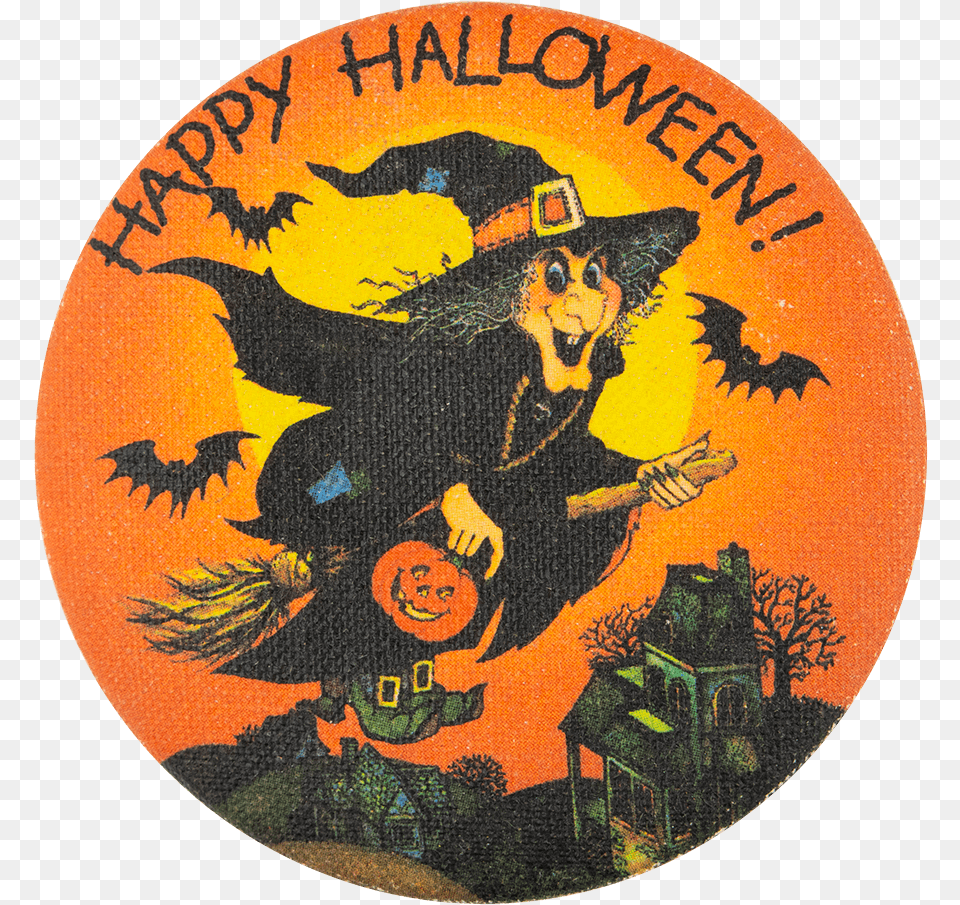 Happy Halloween Witch Over Houses Event Button Museum Illustration, Logo, Person, Face, Head Free Png Download