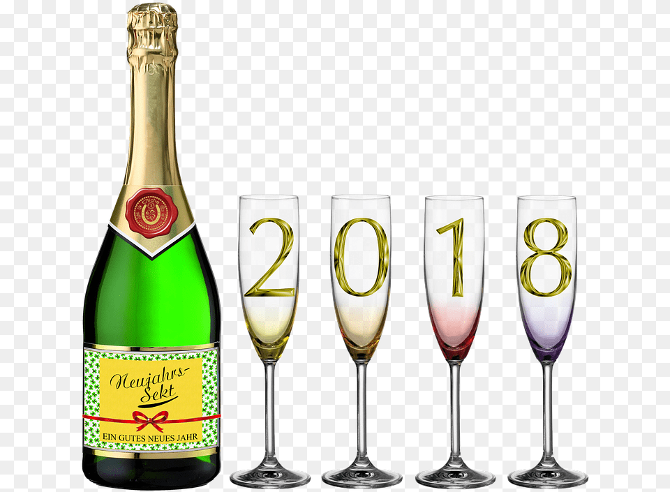 Happy New Year 2018, Glass, Alcohol, Beverage, Bottle Png