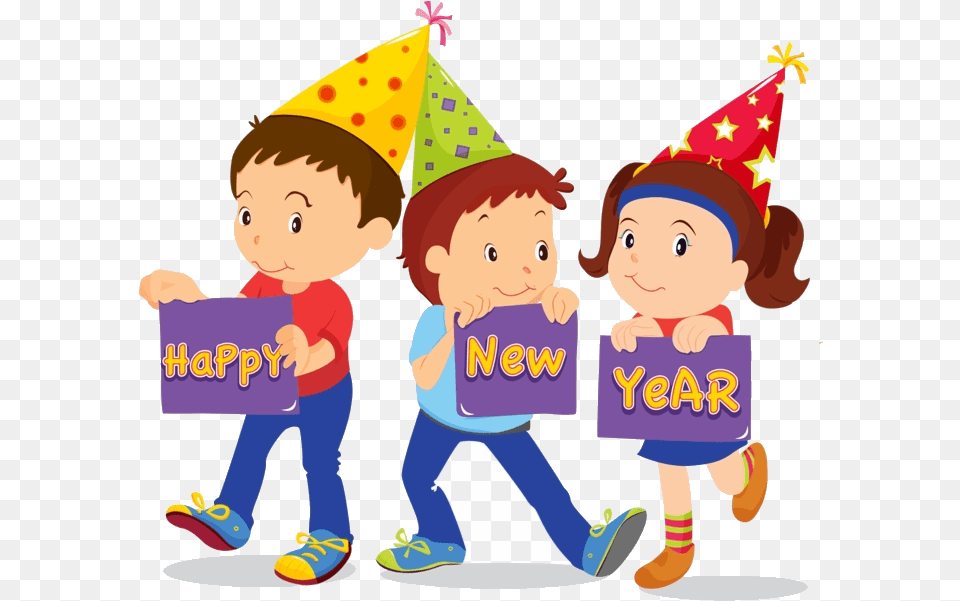 Happy New Year Clipart School Kids Transparent New Years Kids, Clothing, Person, People, Hat Free Png