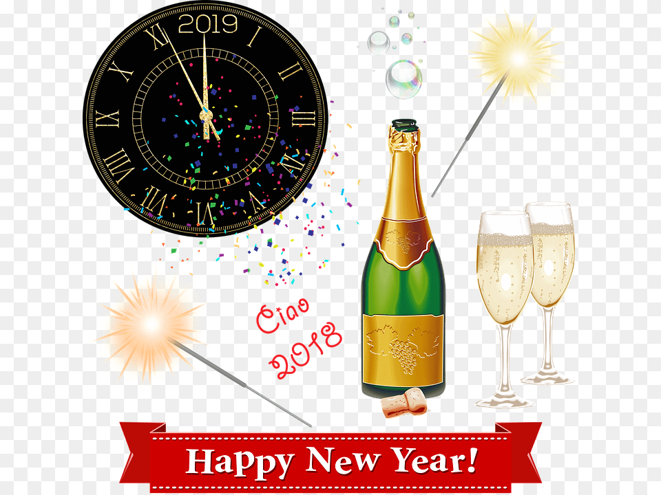 Happy New Year Clock Midnight Champagne Party Zegar Nowego Roku 2019, Advertisement, Glass, Alcohol, Beer Free Png Download