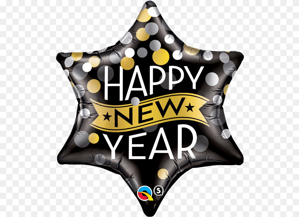 Happy New Year Confetti Star Foil Balloon 53cm Throw Pillow, Badge, Logo, Symbol, Appliance Png Image