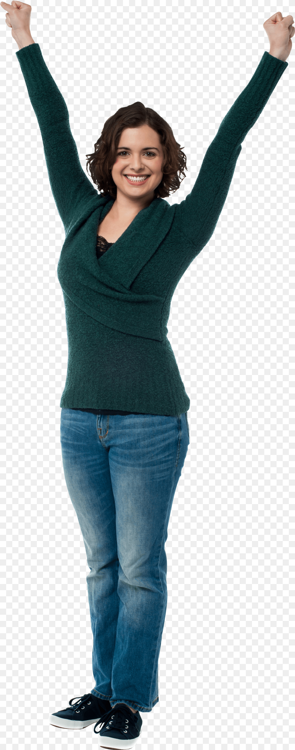 Happy Person Images Woman With Raised Arms, Adult, Smile, Sleeve, Pants Png