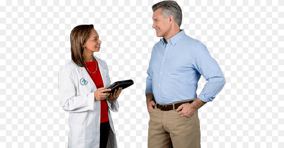Happy Phn Patient Talking To Doctor Standing, Clothing, Coat, Shirt, Lab Coat Png Image