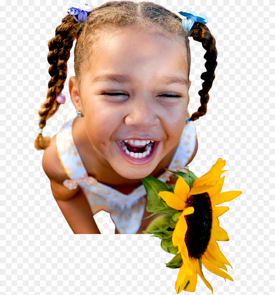 Happy Smiling Young Girl Holding A Sunflower Child Laughing, Face, Portrait, Flower, Plant Free Transparent Png