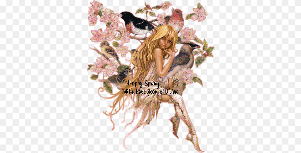 Happy Spring Fairy And Flowers Gif Fairy Tale Pixie Cartoon, Animal, Publication, Bird, Book Png Image