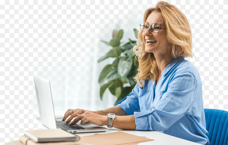 Happy Woman Working With A Laptop Sitting, Person, Adult, Female, Pc Free Png Download