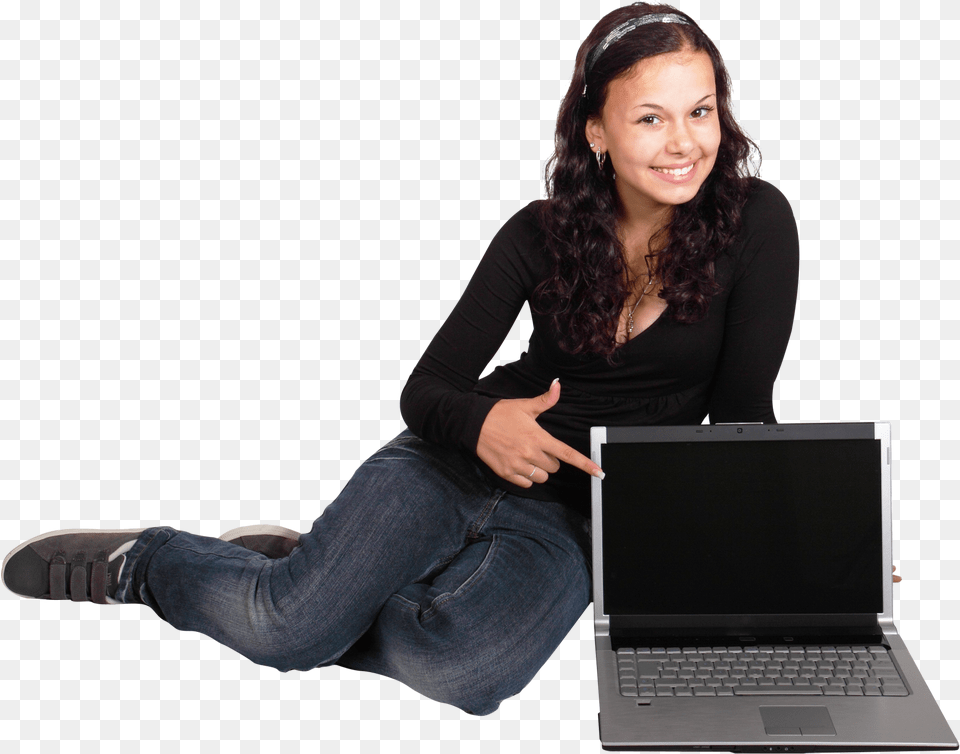 Happy Young Girl Sitting With Laptop Image Girl, Pc, Computer, Electronics, Jewelry Free Png Download