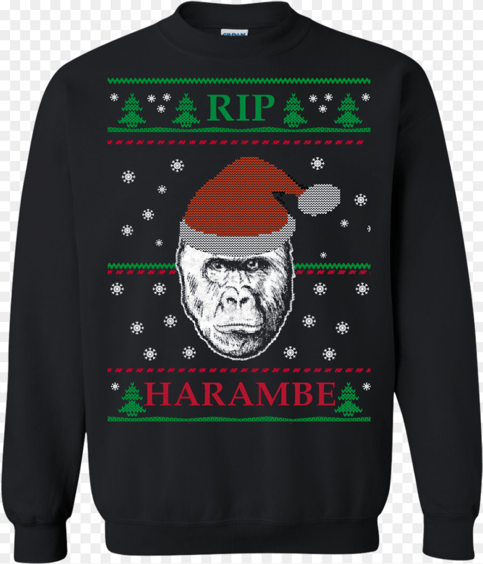 Harambe Rip Christmas Sweater T Shirt Ugly Christmas Sweaters Clear Background, Clothing, Hoodie, Knitwear, Sweatshirt Png