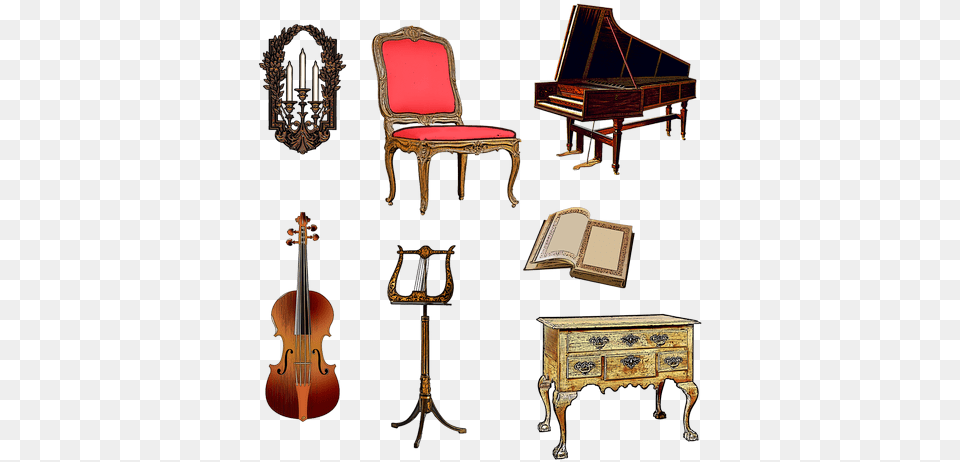 Harpsichord Violin Music Stand Transparent Images U2013 Harpsichord, Chair, Furniture, Keyboard, Musical Instrument Png Image