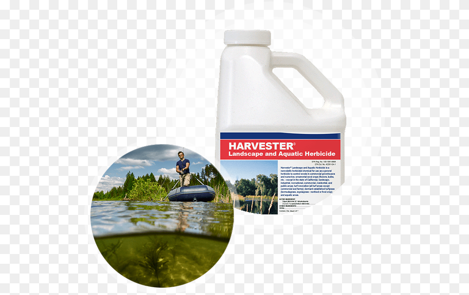 Harvester Aquatic Herbicide Container With Lake And Reflection, Person, Water, Boat, Transportation Png