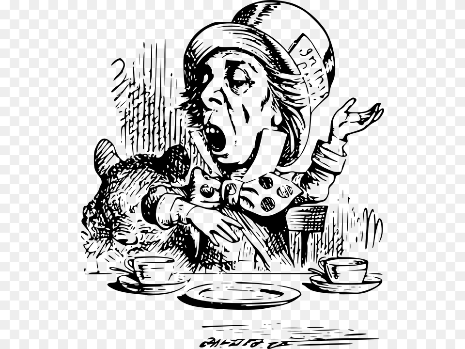 Hatter Mad Alice In Wonderland Tea Party Book Public Domain Alice In Wonderland Illustration, Gray Free Png