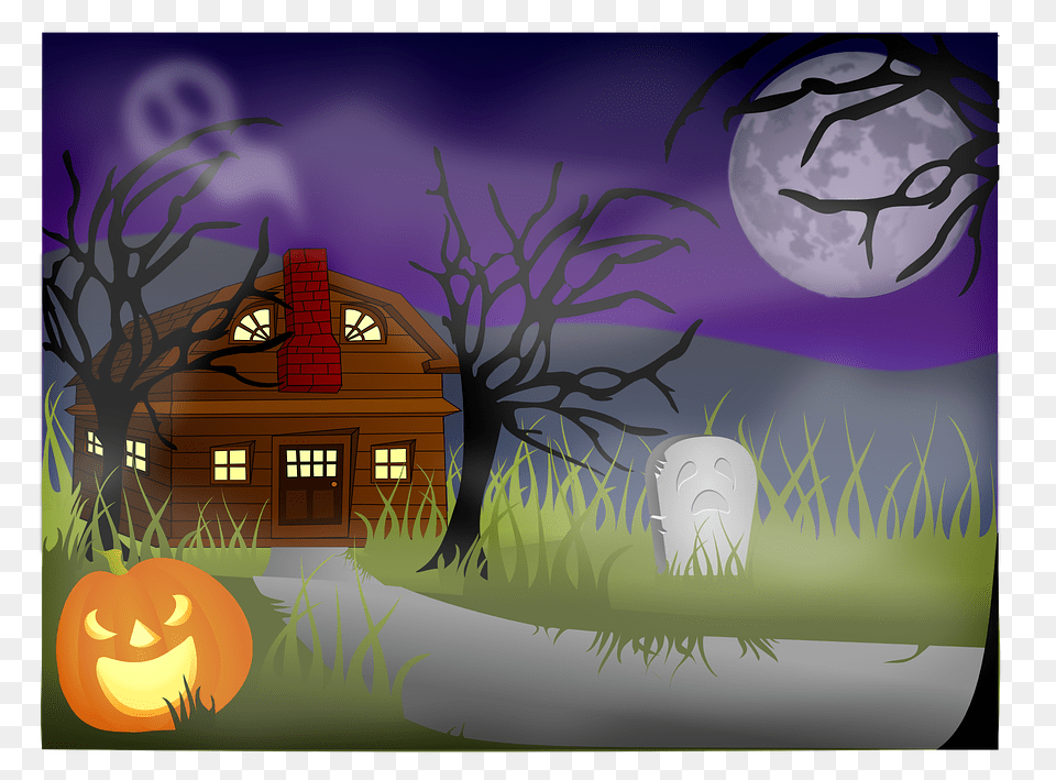 Haunted House Landscape Spooky Halloween Creepy Haunted House Scene Clipart, Night, Nature, Outdoors, Pumpkin Free Png