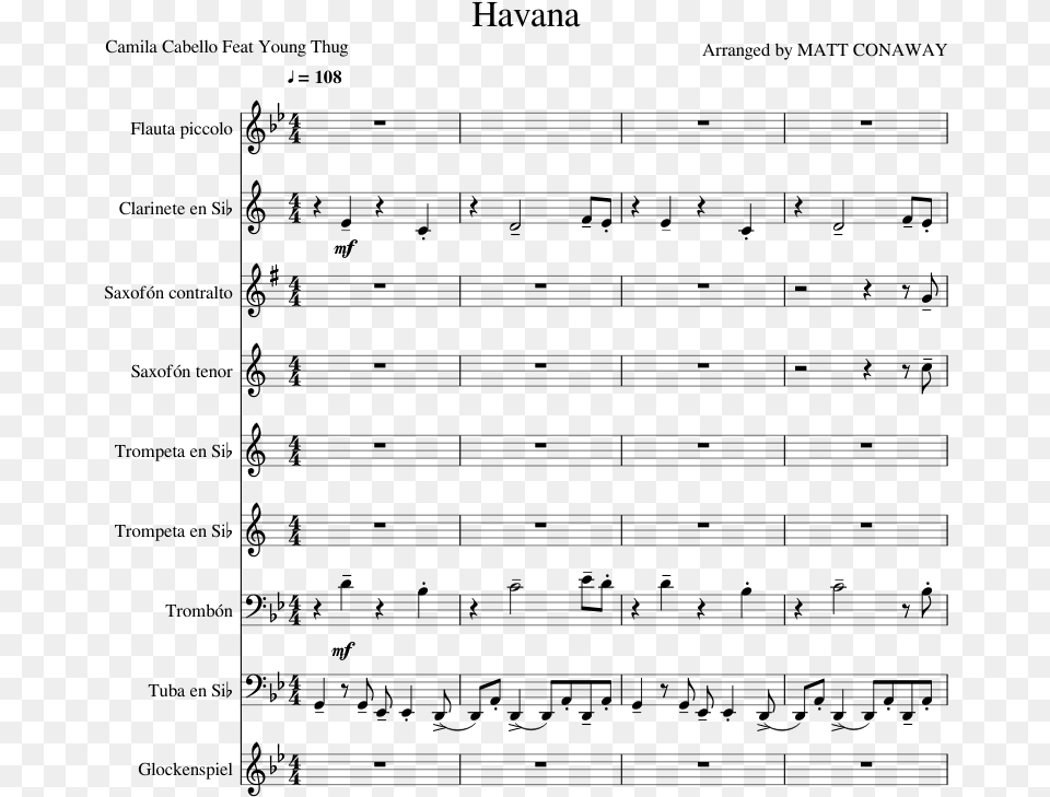 Havana Sheet Music For Clarinet Piccolo Alto Saxophone One Day When We Were Young Score, Gray Free Transparent Png