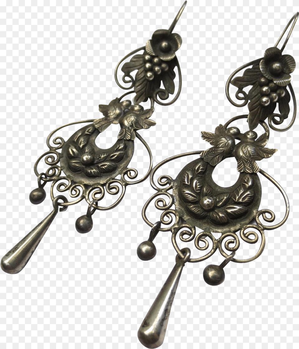 Hawaii Vintage Mexican Silver Floral Bird Chandelier Earrings, Accessories, Earring, Jewelry, Bronze Png Image