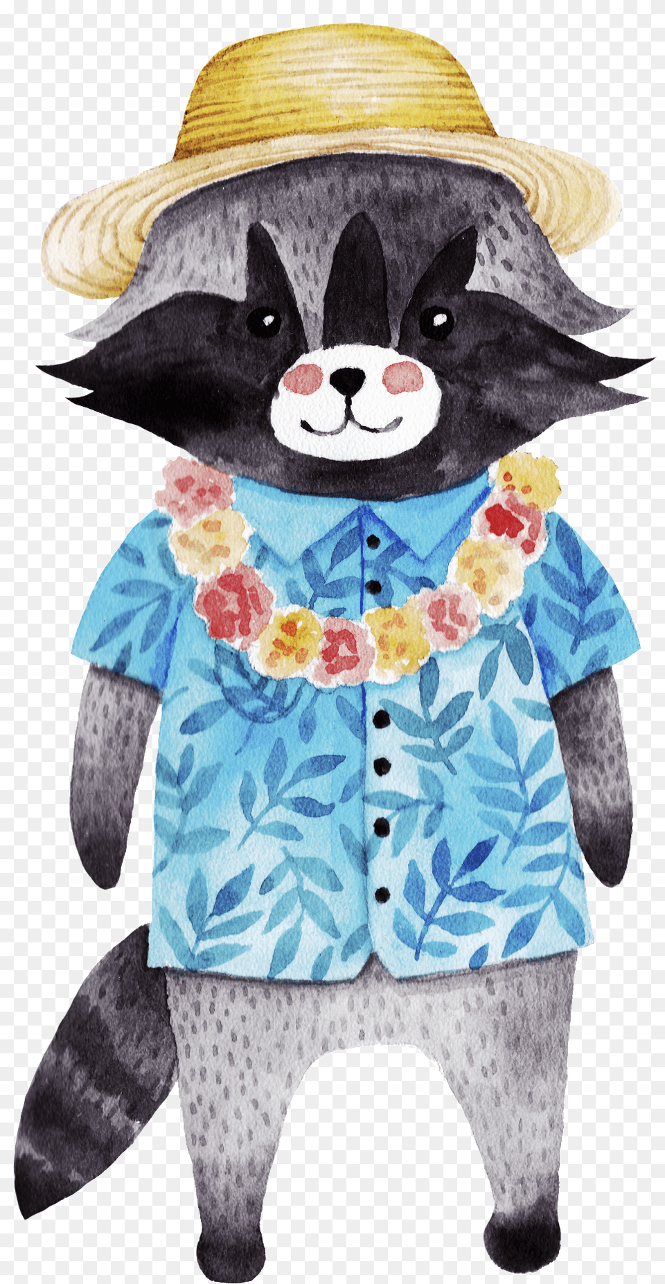 Hawaiian Style Raccoon Transparent Watercolor Illustration, Clothing, Hat, Adult, Person Free Png
