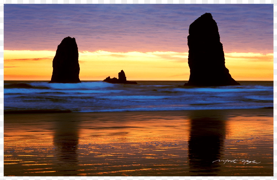Haystack Rock Beach Shore Sunrise Sunset Sunset, Adult, Person, People, Microphone Free Png
