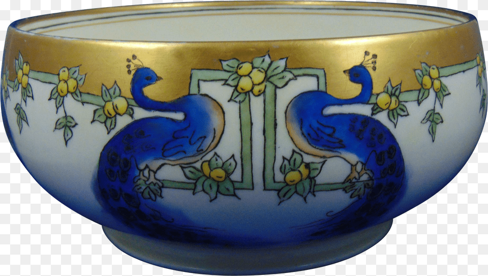 Hc Royal Bavaria Arts Amp Crafts Peacock Motif Centerpiece Blue And White Porcelain, Art, Pottery, Bowl Free Png