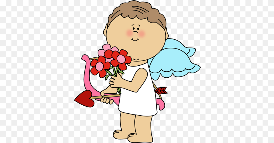 Hd Valentineu0027s Day Cupid With Flowers Clip Art Valentines Day Clipart Cupid, Baby, Person, Face, Head Png
