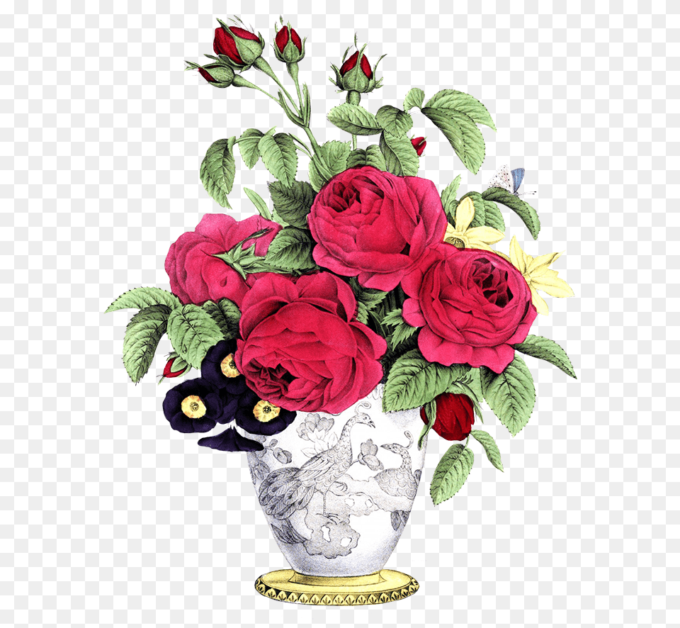 Hd Vase With Red Roses Other Flowers Bouquet Transparent Vintage Flowers, Art, Plant, Pattern, Graphics Png