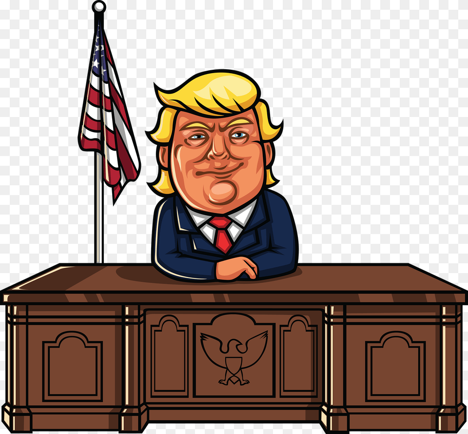 He S Not Focussing On The Policy Under Discussion Folks Cartoon Donald Trump Sitting At Desk, Face, Head, Person, Photography Png Image