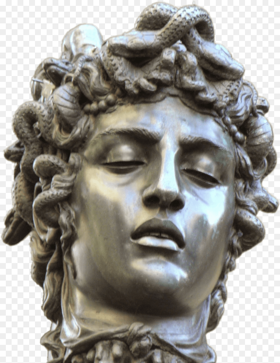 Head Of Medusa With Closed Eyes Medusa Head Statue, Art, Person, Face, Bronze Free Png Download