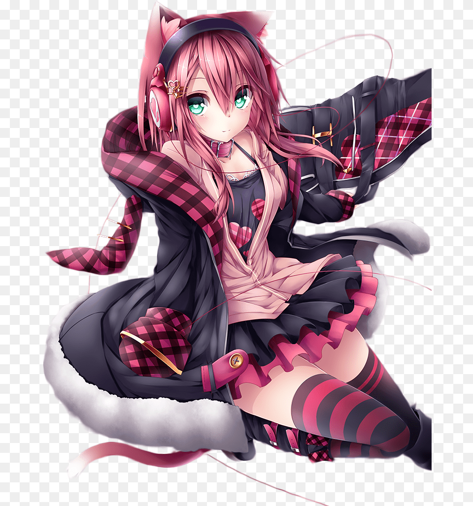 Headphone Transparent Cat Anime Girl With Pink Hair And Cat Ears, Book, Comics, Publication, Person Png Image