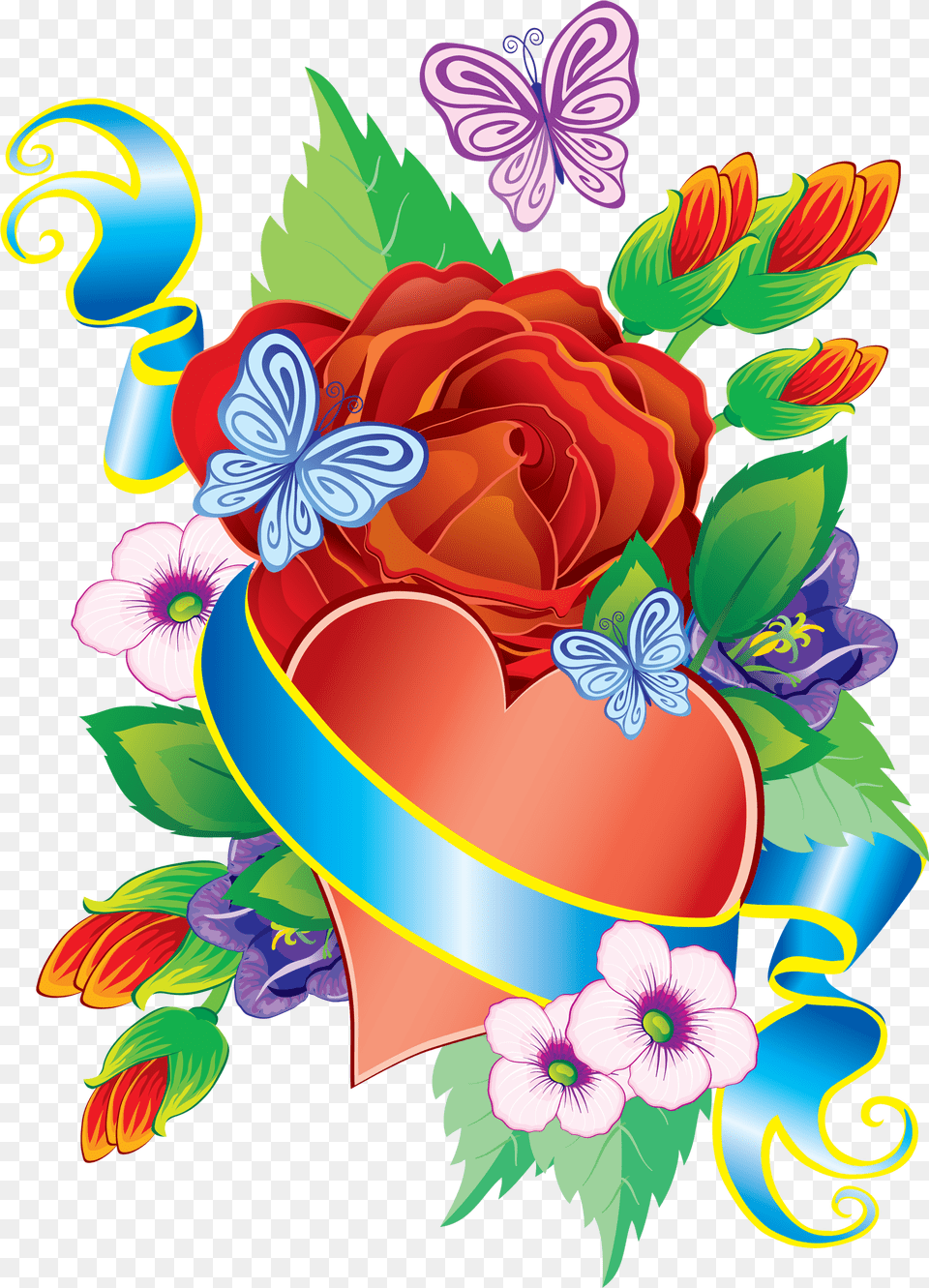 Heart And Flowers Decorative Element Decorative Flowers And Hearts, Art, Rose, Plant, Pattern Png Image