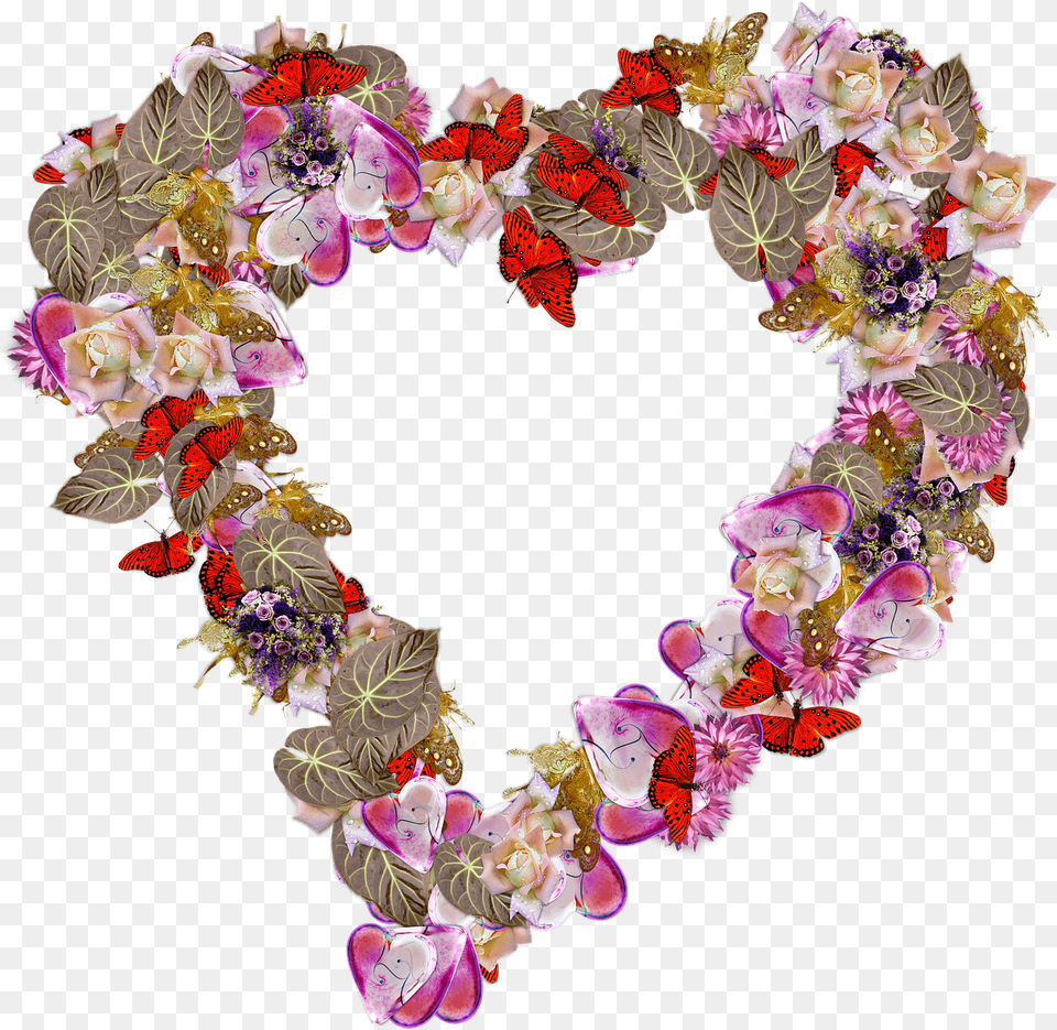 Heart Made Of Butterflies And Leaves, Art, Collage, Floral Design, Graphics Free Transparent Png