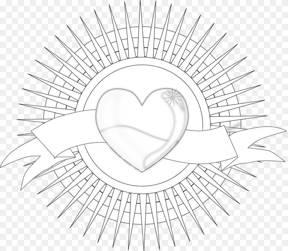 Heart With Rays And Banner Black White Line Art 999px Semi Circular Brick Arch, Drawing, Cutlery, Fork, Baby Free Png