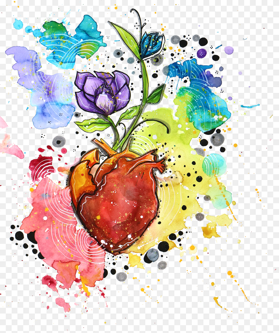 Heartflower Watercolours Colour Splash Heart, Art, Graphics, Modern Art, Painting Free Png