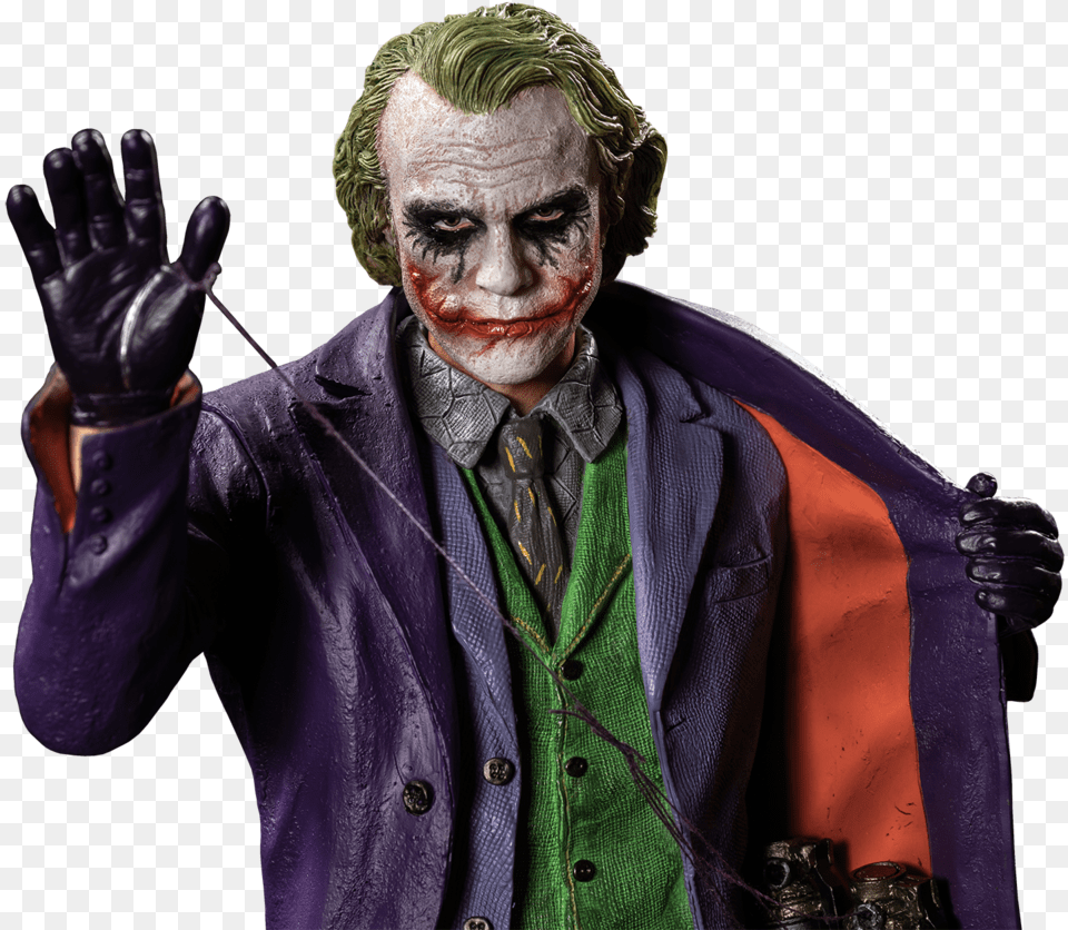 Heath Ledger Dark Knight Joker Statue, Adult, Person, Clothing, Coat Free Png