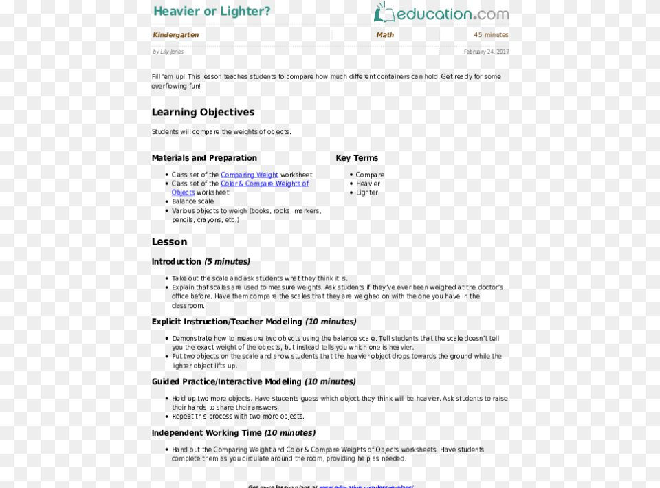 Heavier Or Lighter Lesson Plan For Elapsed Time, File, Page, Text, Webpage Free Png