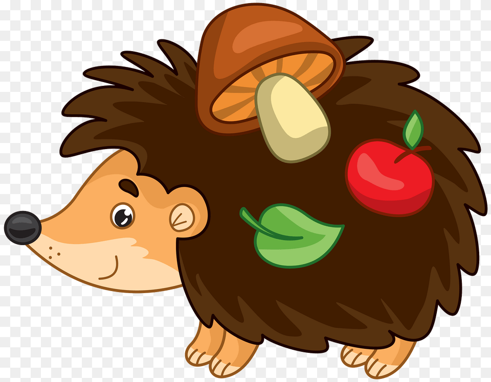 Hedgehog With Apple Mushroom And Leaf Clipart, Animal, Bird, Vulture, Mammal Free Png Download