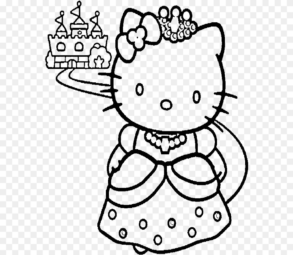 Hello Kitty And A Nice Castle Coloring, Accessories, Art, Drawing, Ammunition Png Image