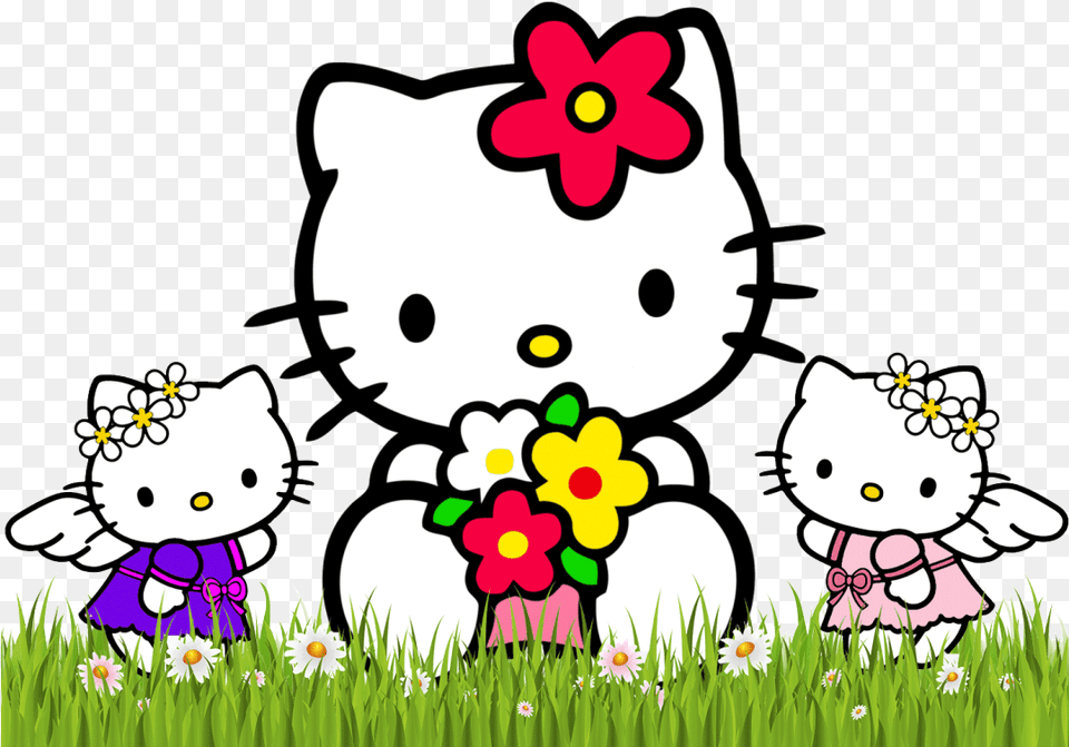 Hello Kitty Backgrounds Hello Kitty With Flowers, Grass, Plant, Daisy, Flower Png