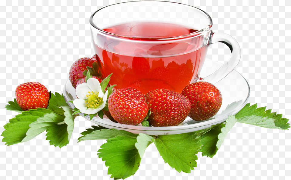 Herbal Green Leaf With Tea Cup Strawberry Tea, Berry, Produce, Plant, Fruit Free Transparent Png