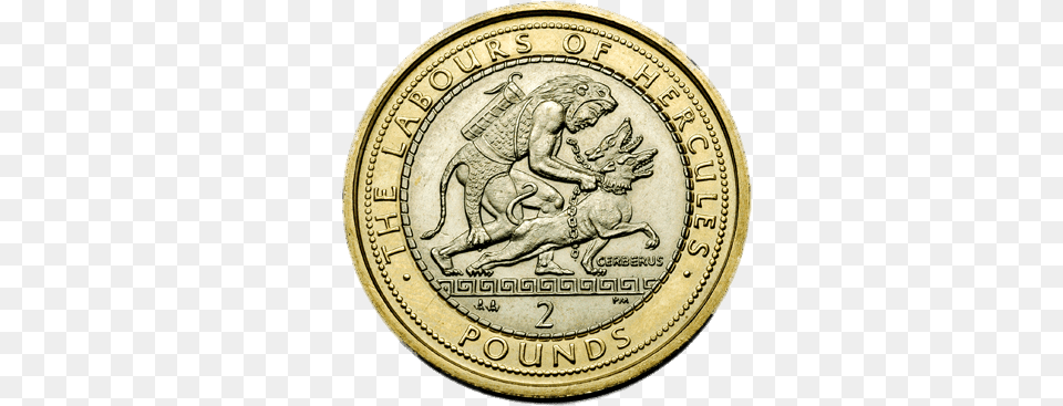 Hercules And Cerberus On Two Pounds Coin, Money, Person Png Image