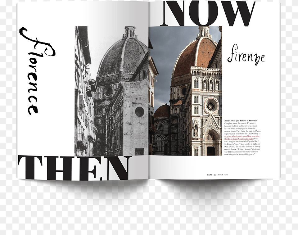 Here And There Is A Two Sided Magazine Highlighting Florence Cathedral, Advertisement, Architecture, Building, Poster Free Png