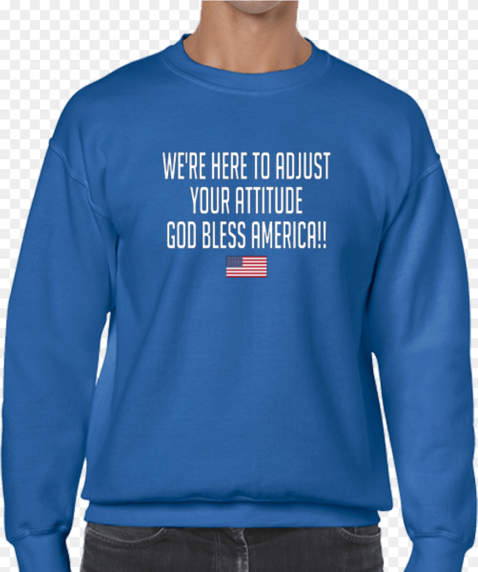 Here To Adjust Your Attitude God Bless America Brisco Brands Ho Lee Chit Humorous Pun Ironic Sarcasm, Clothing, Knitwear, Long Sleeve, Sleeve Png Image