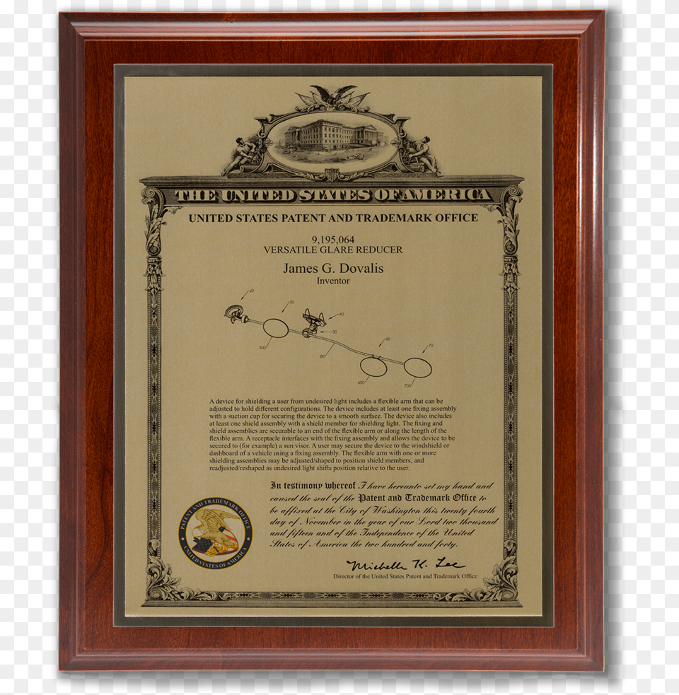 Heritage Series Patent Plaque Solid Cherry Gold Patent, Text, Diploma, Document Png