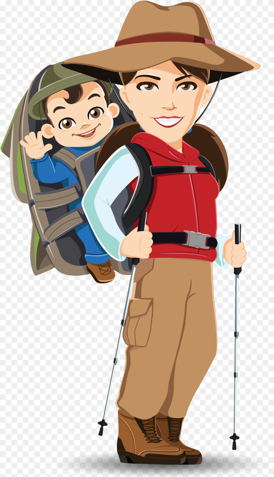Hiking With Baby Cartoon Appalachian Female Hiker Clip Art, Vest, Clothing, Lifejacket, Hat Png