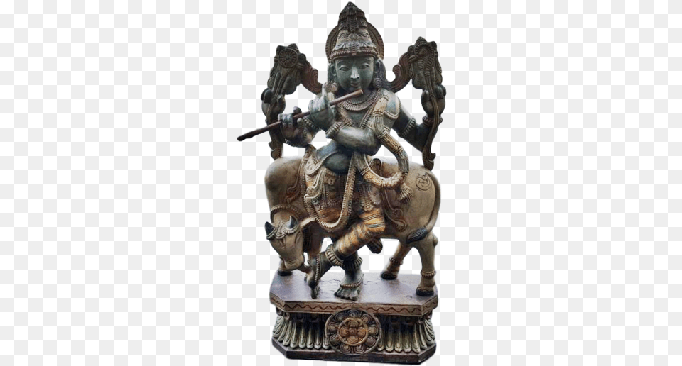 Hindu God Krishna With Cow Wooden Big Statue, Bronze, Figurine, Baby, Person Free Transparent Png